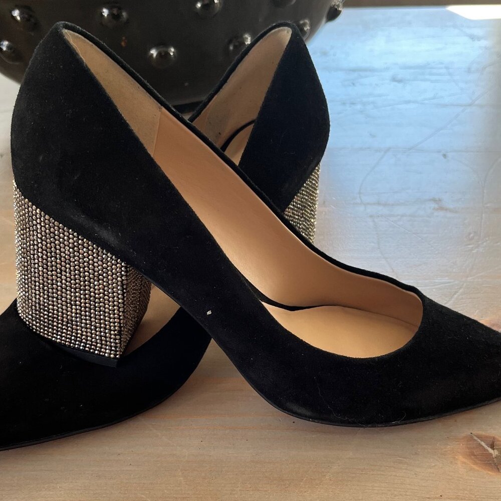 Karl Largerfeld Black Suede Rhinestone Block Heel Pumps